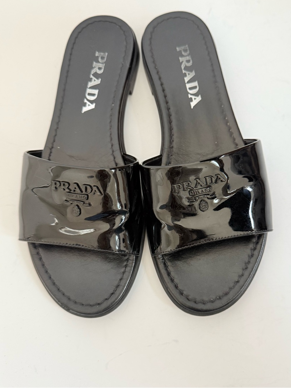 Prada Vernice Logo Slide Sandals Black Patent Leather Flat Slides EU 36.5 US 6.5